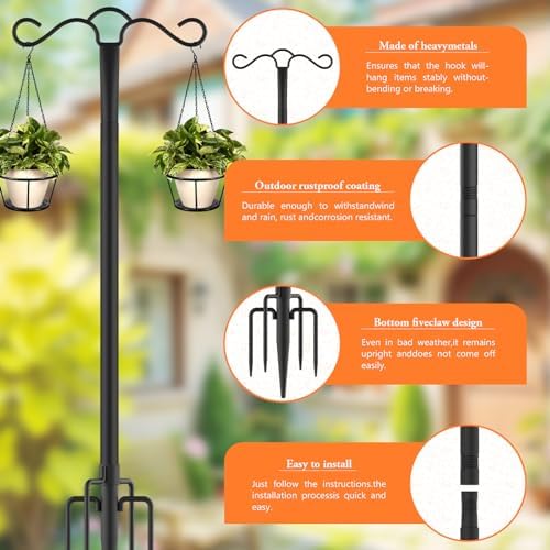 Double Shepherds Hook with 5 Prong Base 90 Inch Heavy Duty Bird Feeder Pole