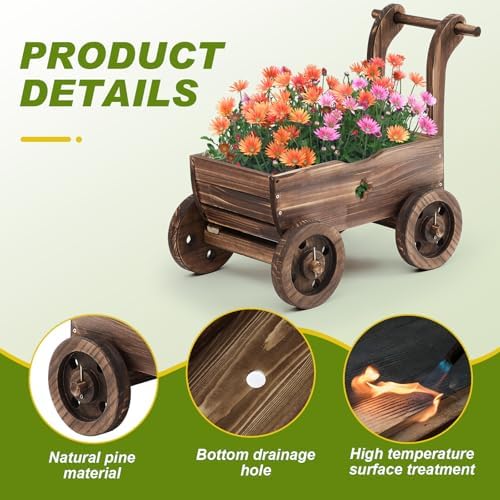 Wooden Wagon Planter Box with Wheels for Garden Decor