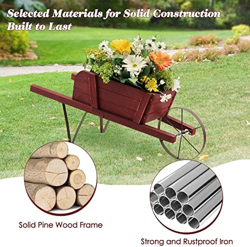 Wooden Wagon Planter with Metal Wheels and Magnetic Decor