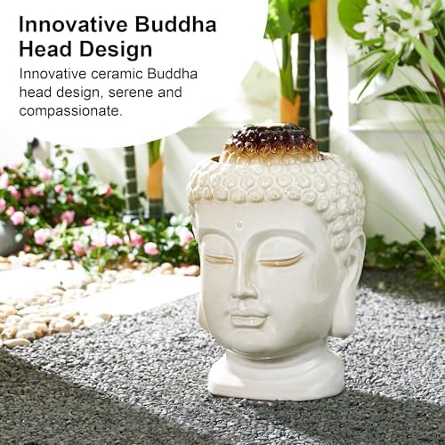 Glitzhome Buddha Head Ceramic Fountain with LED Light