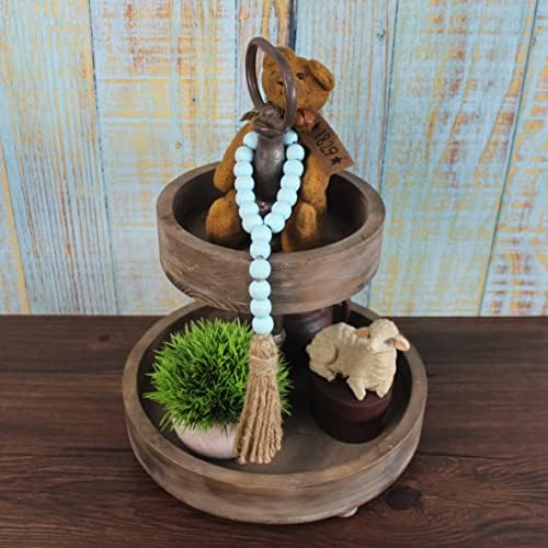 Wood Bead Garland with Tassels 3 PCS Teal Distressed