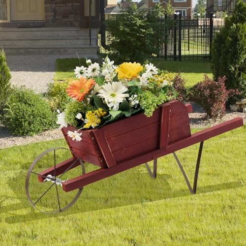Wooden Wagon Planter with Metal Wheels and Magnetic Decor