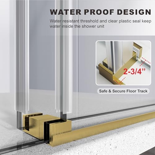 56-60 W x 84 H Frameless Stainless Steel Sliding Shower Door with Satin Brass Frame and Tempered Glass