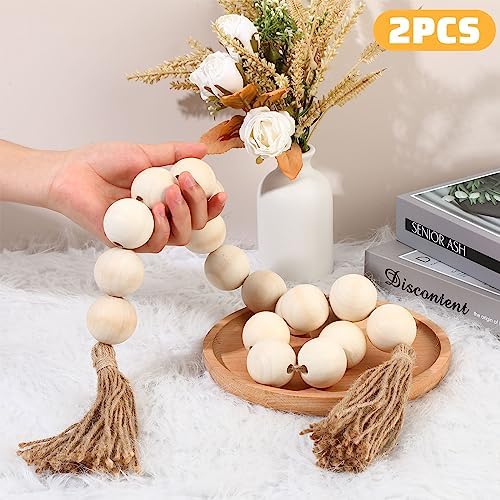 2 Pcs Large Wood Bead Garland with Tassels 40 White Wood Beads Decor for Home