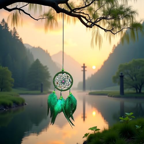 Green Dream Catcher Wall Hanging Decor with Feathers