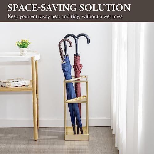 MyGift 20 Inch Tall Modern Brass Tone Metal Geometric Freestanding Entryway Umbrella Holder with Shelf and Drip Tray