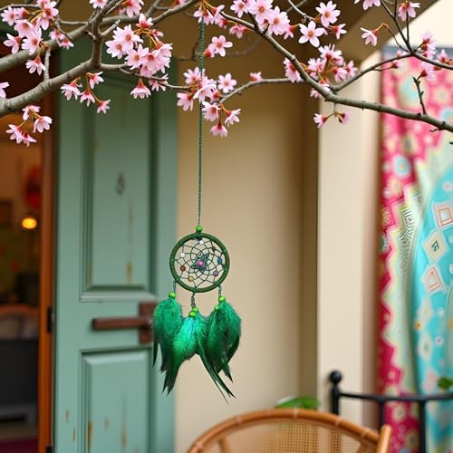 Green Dream Catcher Wall Hanging Decor with Feathers