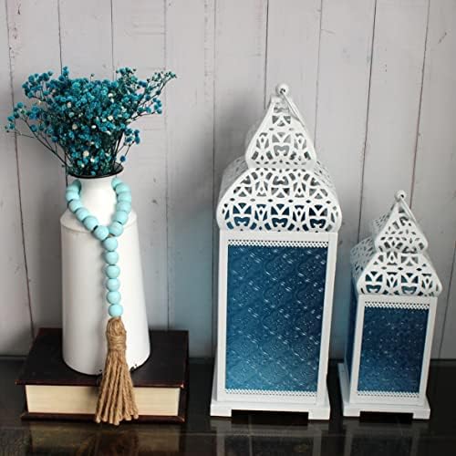 Wood Bead Garland with Tassels 3 PCS Teal Distressed