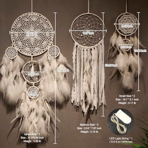 5 Pack Boho Dream Catcher Wall Hangings - White Handmade Decor for Bedroom and Home