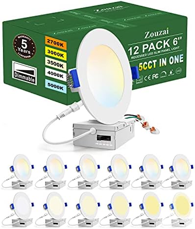 Zouzai 12 Pack 6 Inch 5CCT Ultra Thin LED Recessed Ceiling Light with Junction Box