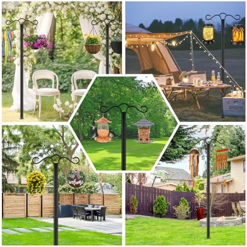 Double Shepherds Hook with 5 Prong Base 90 Inch Heavy Duty Bird Feeder Pole