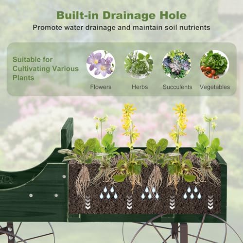 Wooden Wagon Planter with 2 Sections and Wheels