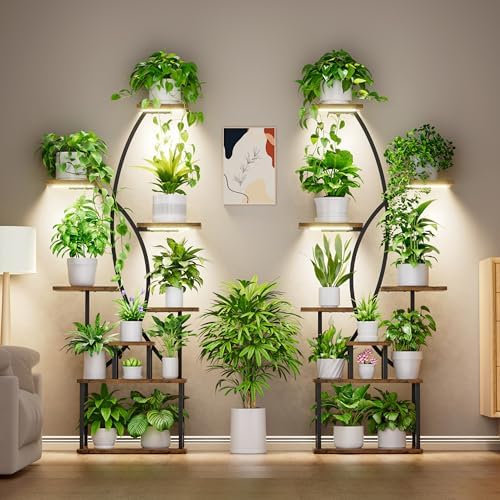 Justogo 8 Tier Indoor Plant Stand with Grow Lights 65 Inch Metal Corner Shelves 2 Pack