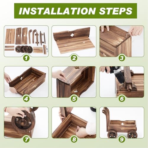 Wooden Wagon Planter Box with Wheels for Garden Decor