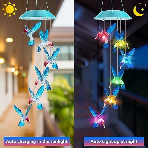 Solar Hummingbird Wind Chimes for Mom Grandma Color Changing LED Outdoor Decor