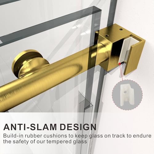 56-60 W x 84 H Frameless Stainless Steel Sliding Shower Door with Satin Brass Frame and Tempered Glass
