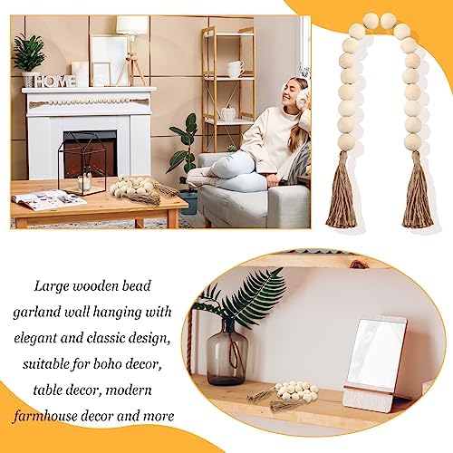 2 Pcs Large Wood Bead Garland with Tassels 40 White Wood Beads Decor for Home
