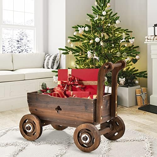 Giantex Wooden Wagon Planter with Wheels and Drainage
