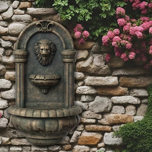 Teamson Home 321 In Wall-Mounted Lion Head Stone LED Outdoor Water Fountain