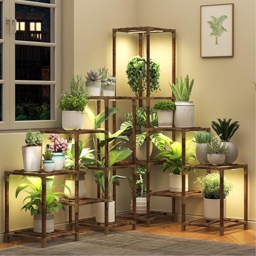 HOMKIRT Large Corner Plant Stand with Grow Light