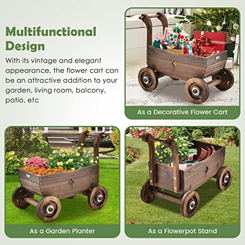 Giantex Wooden Wagon Planter with Wheels and Drainage
