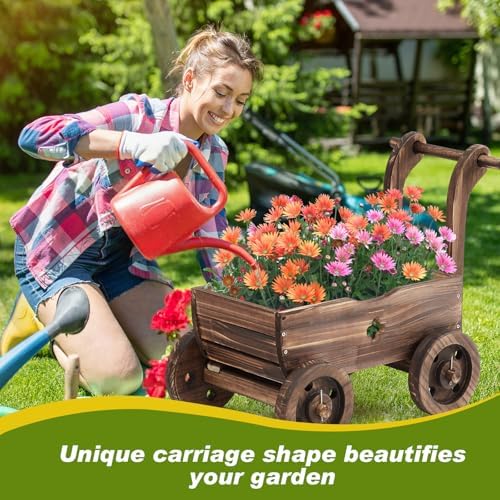 Wooden Wagon Planter Box with Wheels for Garden Decor