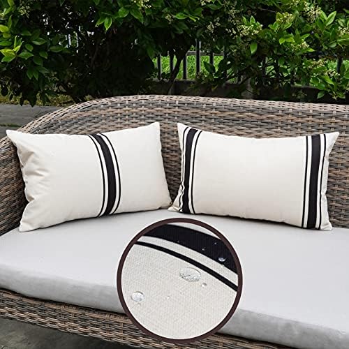 ONWAY Waterproof Outdoor Pillow Covers Set of 2 12x20 Black Striped and Beige