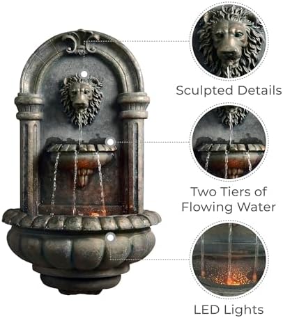 Teamson Home 321 In Wall-Mounted Lion Head Stone LED Outdoor Water Fountain