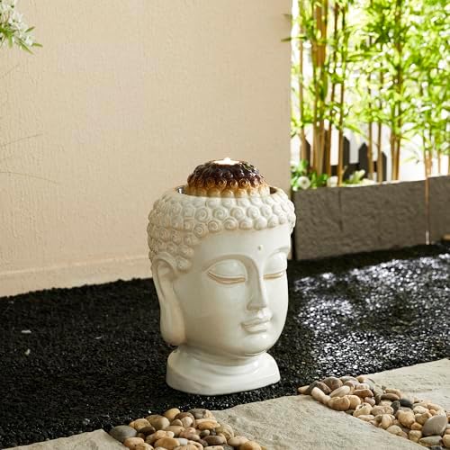 Glitzhome Buddha Head Ceramic Fountain with LED Light