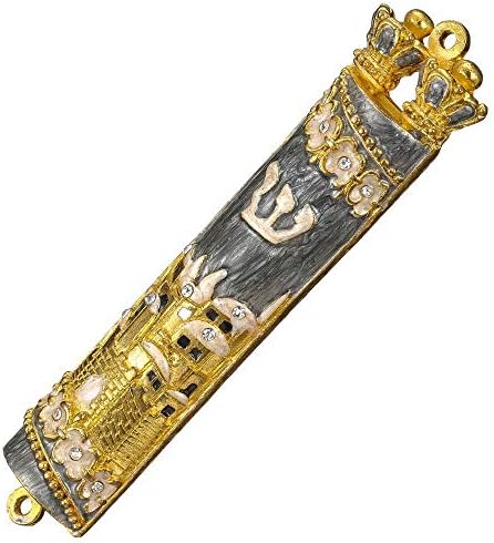 Matashi Hand Painted Mezuzah with Gold Plated Crystals and Grey Enamel Jerusalem City Design