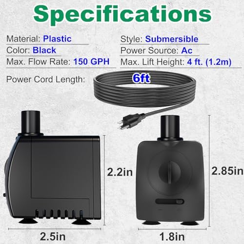 Submersible Pump 150GPH Ultra Quiet with Overheat Protection 4ft High Lift