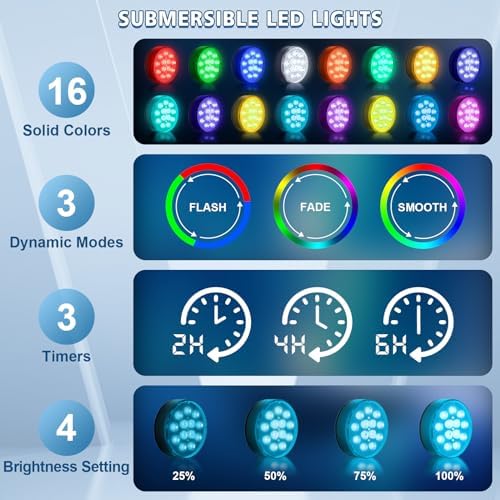 Rechargeable Submersible LED Pool Lights with Remote 16 Colors 2 Pack