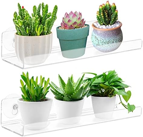 2-Pack 15 Inch Acrylic Window Plant Racks - Suction Cup Sill Extenders for Succulents Herb Gardens and Bathroom Storage