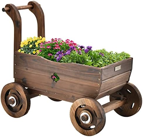 Giantex Wooden Wagon Planter with Wheels and Drainage