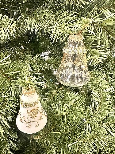 Glass Christmas Tree Ornaments 4pcs Clear Bells with Glitterlace and Braid
