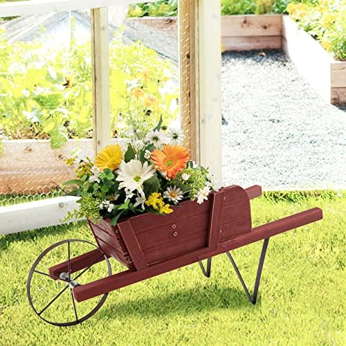 Wooden Wagon Planter with Metal Wheels and Magnetic Decor