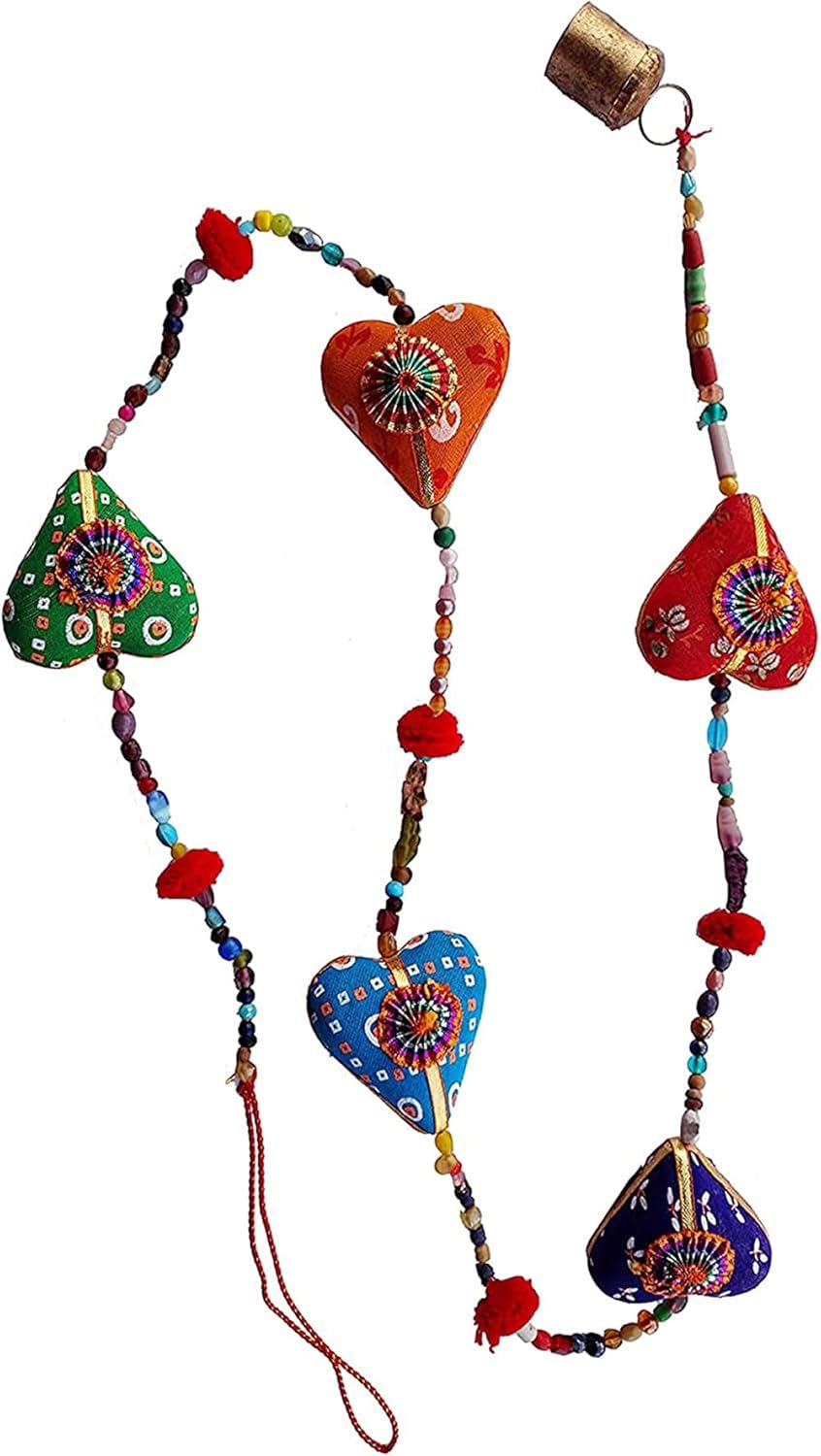 FIKIMOS Door Hanging Decorative Cotton Heart with Beads and Bell