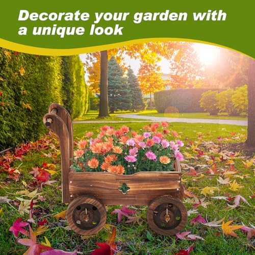 Wooden Wagon Planter Box with Wheels for Garden Decor