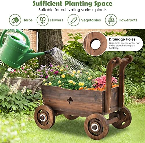 Giantex Wooden Wagon Planter with Wheels and Drainage