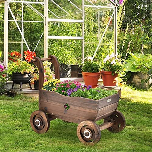 Giantex Wooden Wagon Planter with Wheels and Drainage