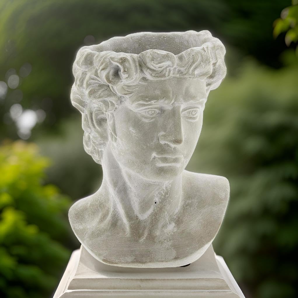 Greek Statue Head Cement Planter - 9 Inch Unique Decorative Plant Pot