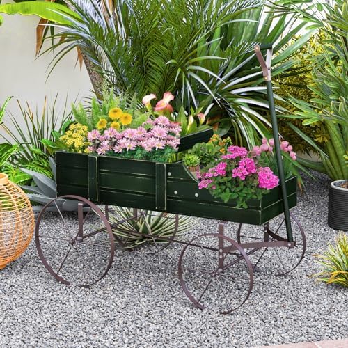 Wooden Wagon Planter with 2 Sections and Wheels