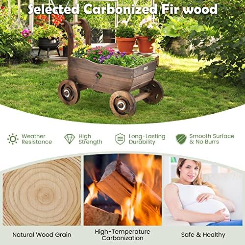 Giantex Wooden Wagon Planter with Wheels and Drainage