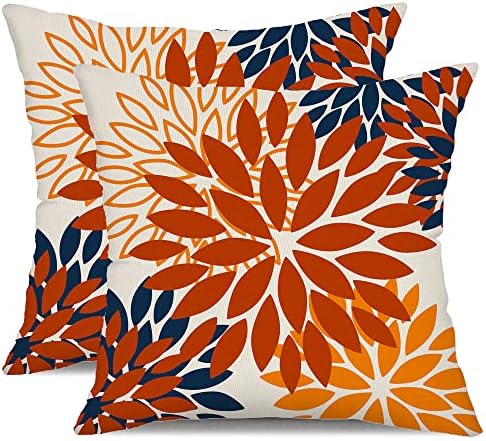 Orange Blue Flower Pillow Covers Set of 2 18x18 Inch