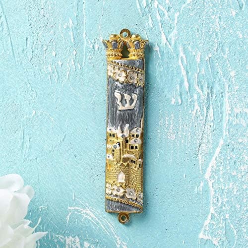 Matashi Hand Painted Mezuzah with Gold Plated Crystals and Grey Enamel Jerusalem City Design
