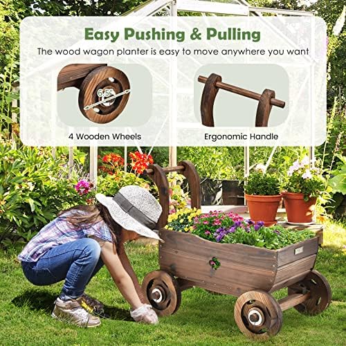 Giantex Wooden Wagon Planter with Wheels and Drainage