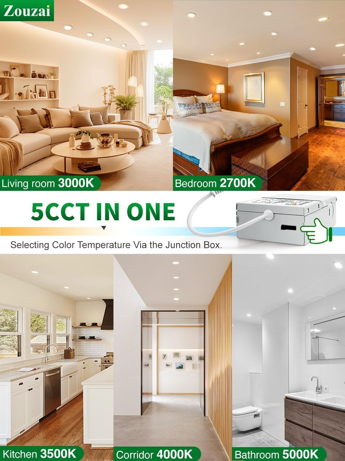 Zouzai 12 Pack 6 Inch 5CCT Ultra Thin LED Recessed Ceiling Light with Junction Box