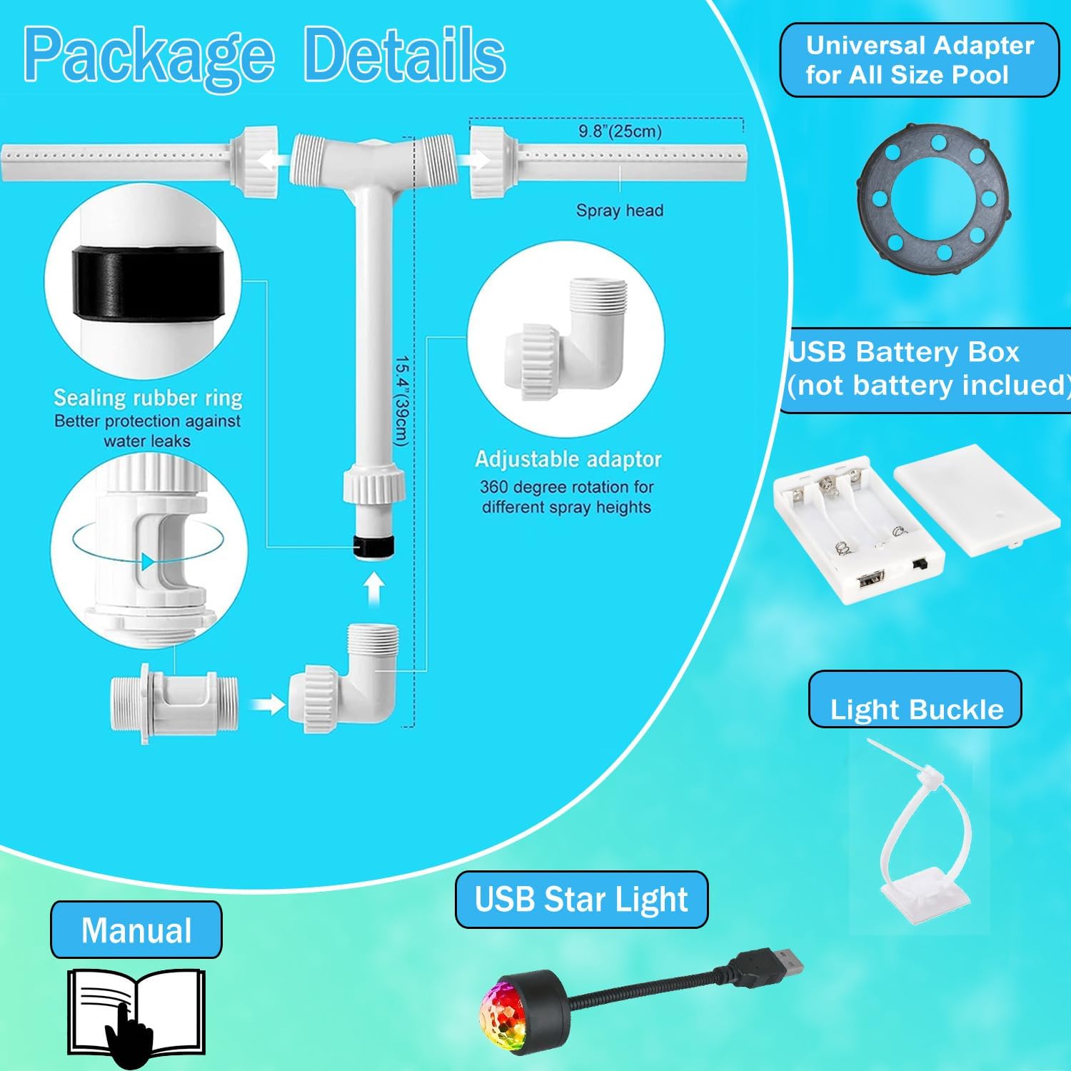 BowLUQ Pool Fountain Multi-Color Waterfall Sprinkler with Adjustable Jets