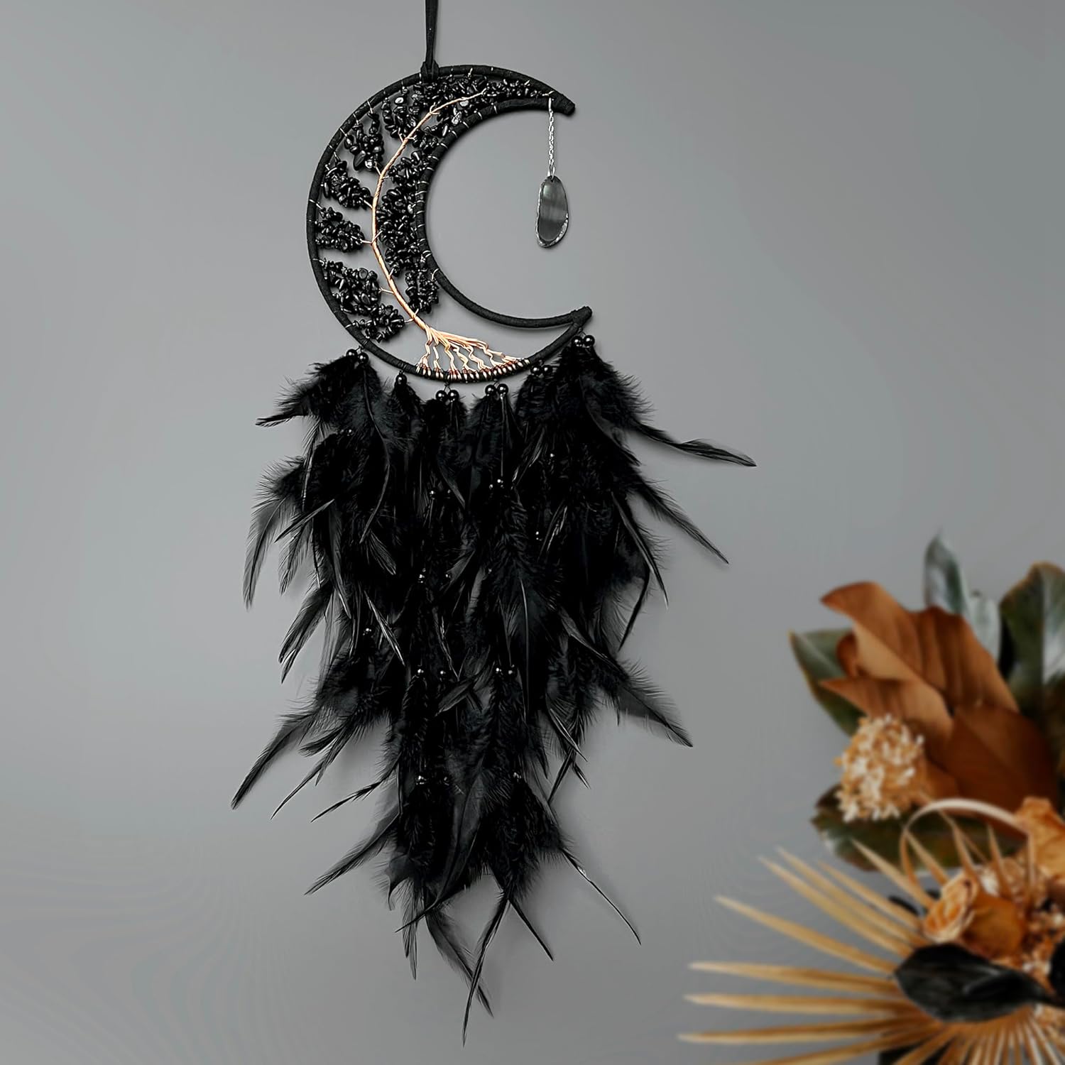 Moon Dream Catchers with Chakra Agate Stones Crystal Tree Wall Decor Black
