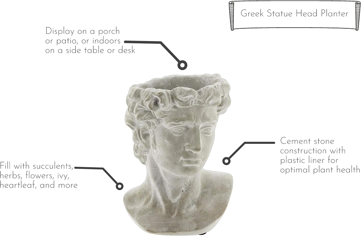 Greek Statue Head Cement Planter - 9 Inch Unique Decorative Plant Pot